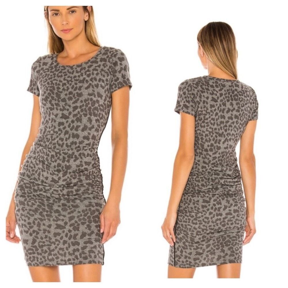 SUNDRY Anthropologie Gray Leopard Print Ruched Midi Dress Size 1 (US Small)